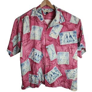 Tommy Bahama Shirt Men's XXL Hawaiian Silk Button Up Short Sleeve Top Boats‎ Red